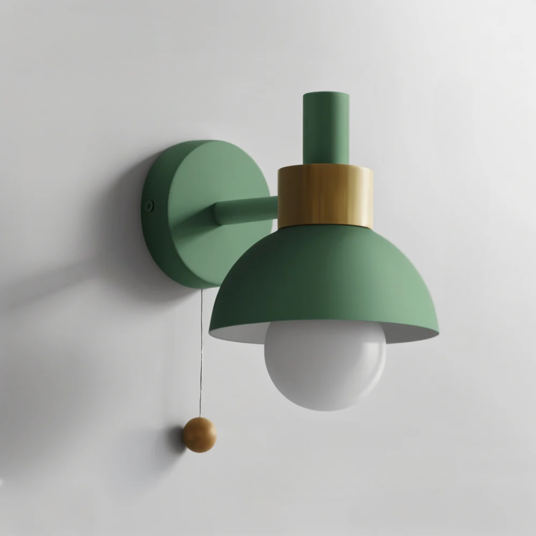 LED Wall Light with Pull Switch – Wood & Iron Scandinavian Ambient Lamp