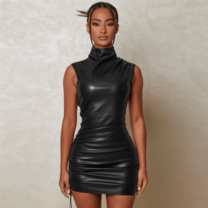 Fitted Leather Dress with Turtleneck for Women
