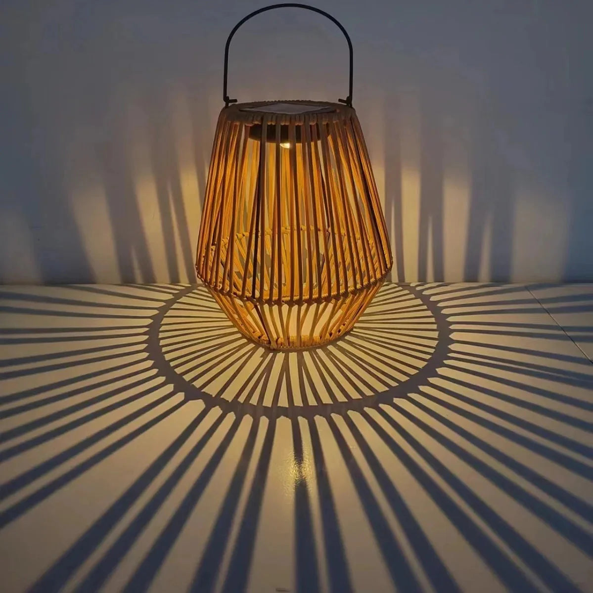 Solar Rattan Lantern with Dusk Sensor – Warm White Outdoor Light