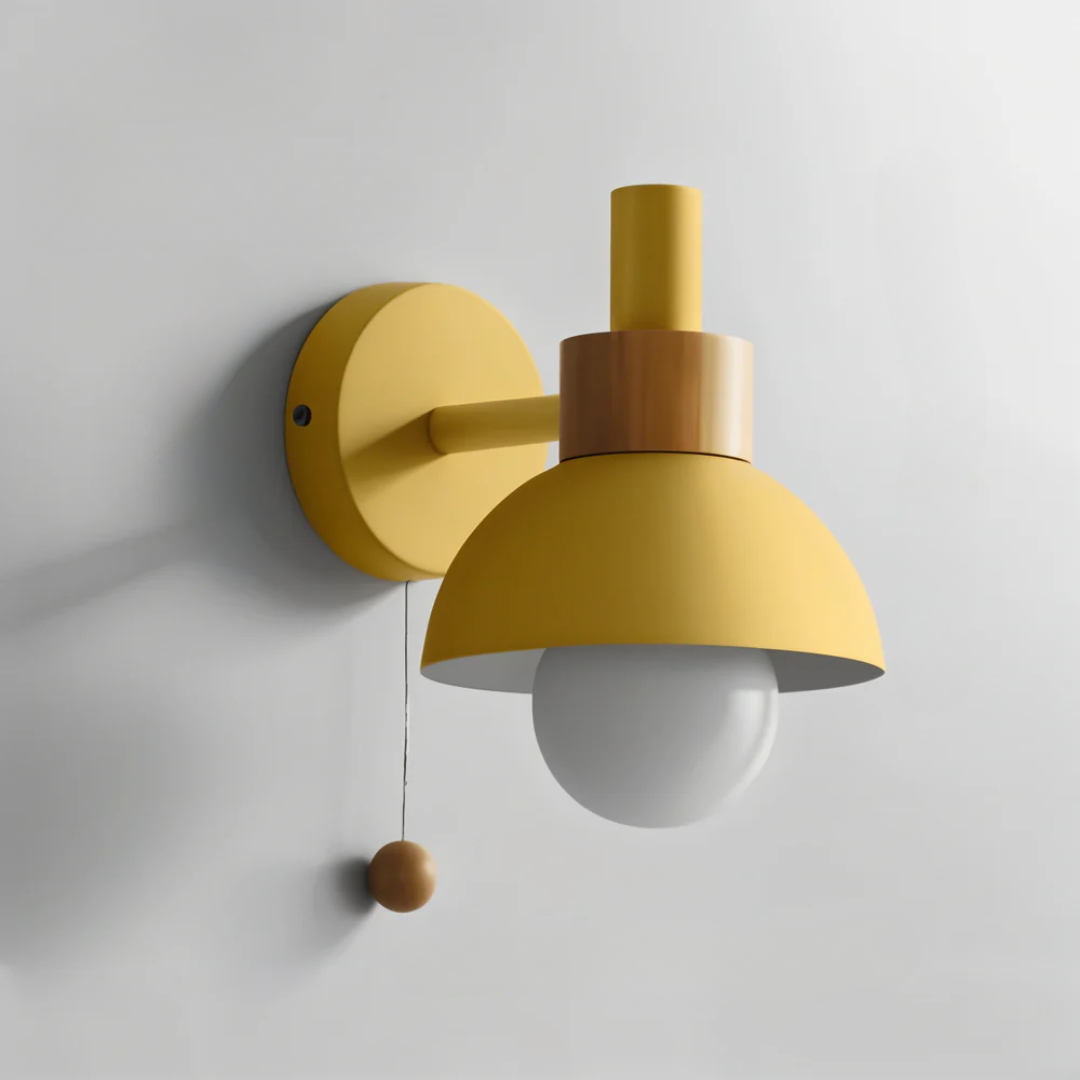 LED Wall Light with Pull Switch – Wood & Iron Scandinavian Ambient Lamp