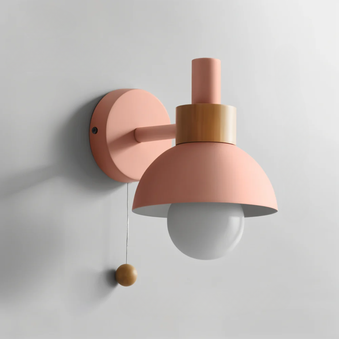 LED Wall Light with Pull Switch – Wood & Iron Scandinavian Ambient Lamp