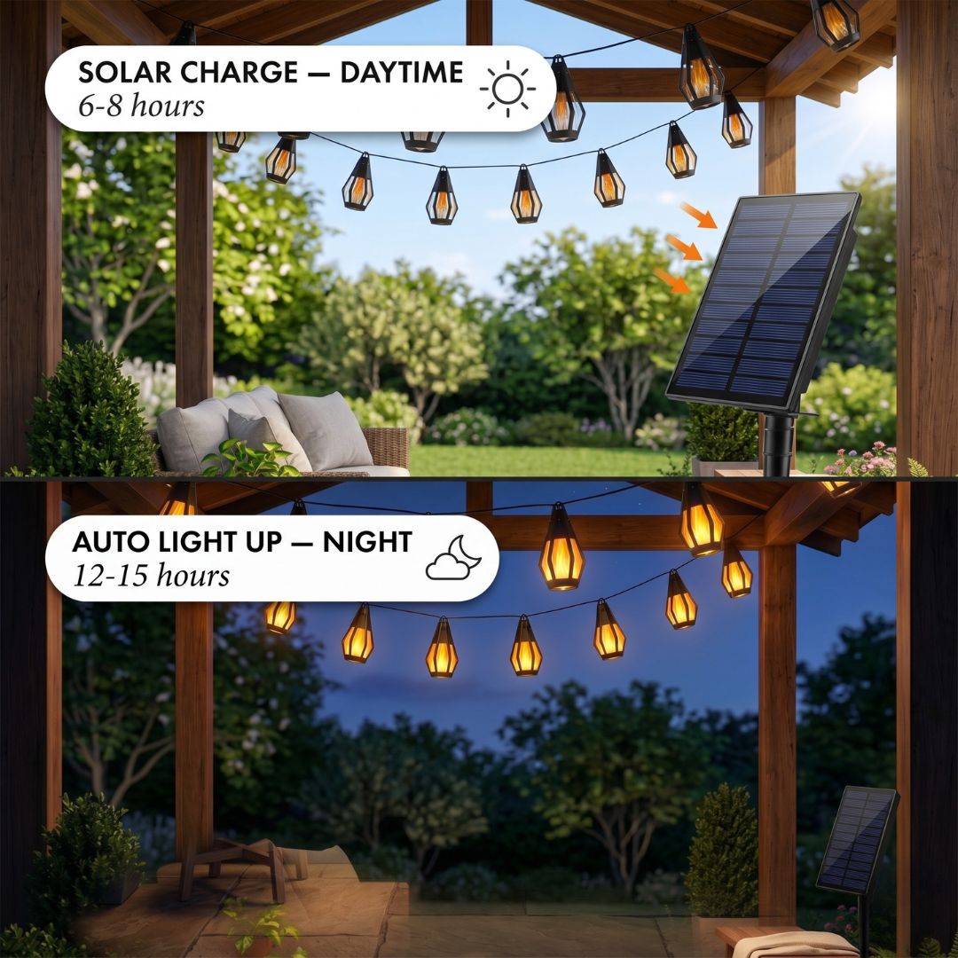 Solar Powered LED String Lights with Flame Effect – 10 Lanterns, 6.4m