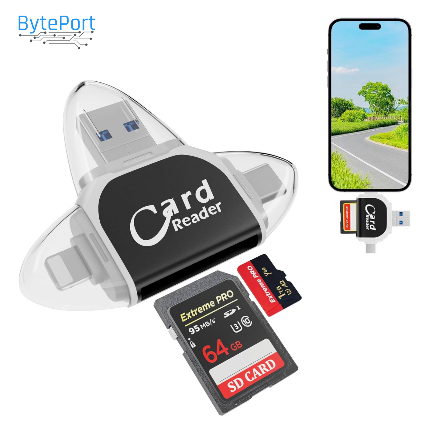 BytePort™ – 4-in-1 SD Card Reader with USB-C & USB 3.0 for Fast & Flexible Data Transfer [50% Off]