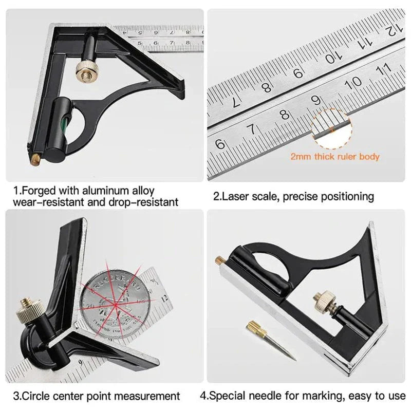 Adjustable Angle Ruler Set with Scribing Pin for Woodworking & Metalworking