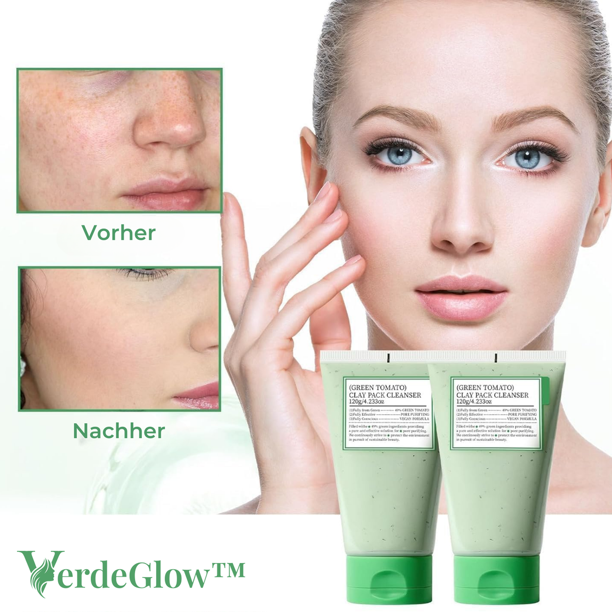 Green Tomato Clay Face Mask with Rotating Applicator for All Skin Types