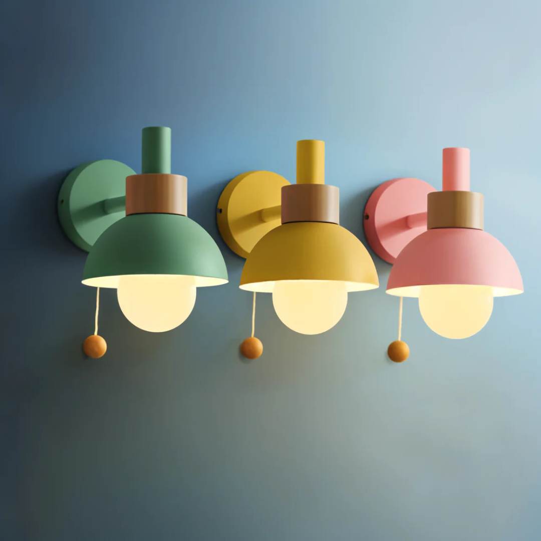 LED Wall Light with Pull Switch – Wood & Iron Scandinavian Ambient Lamp