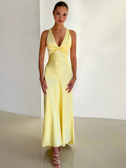 Twist-Front V-Neck Maxi Dress for Flattering Fit