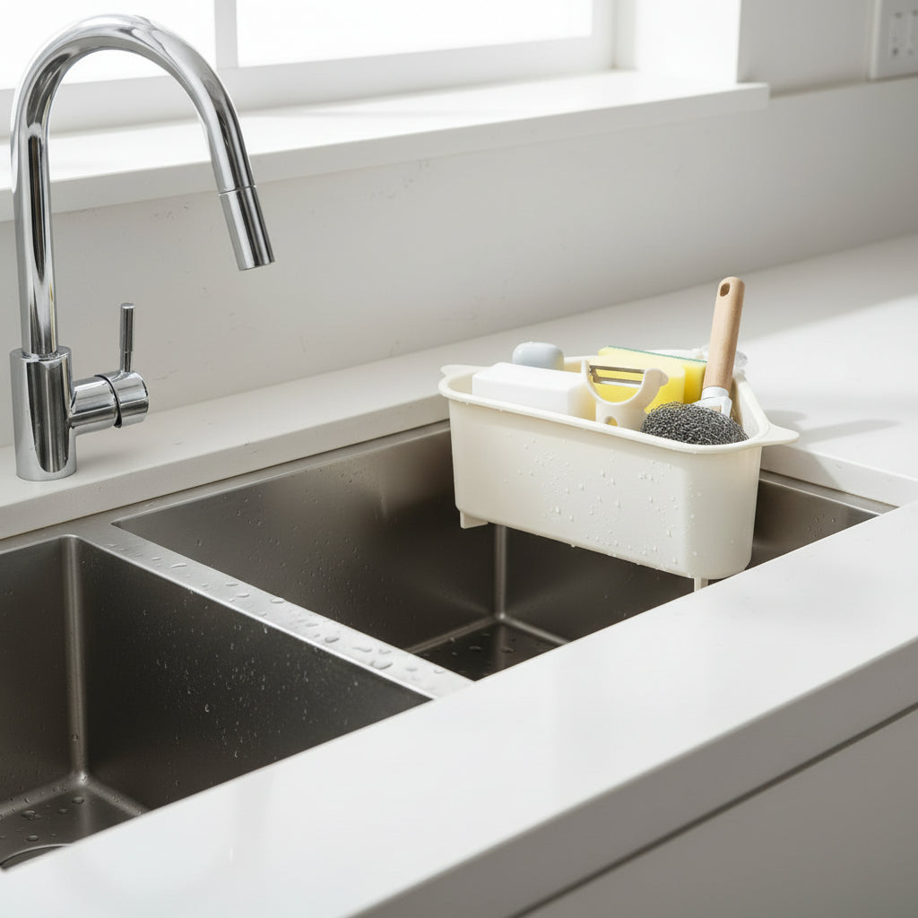 Triangular sink organizer for kitchen sink – space-saving