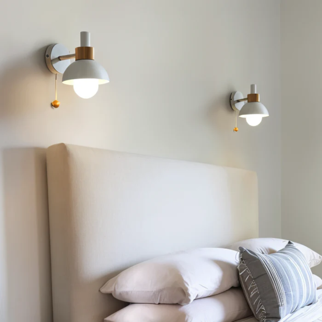 LED Wall Light with Pull Switch – Wood & Iron Scandinavian Ambient Lamp