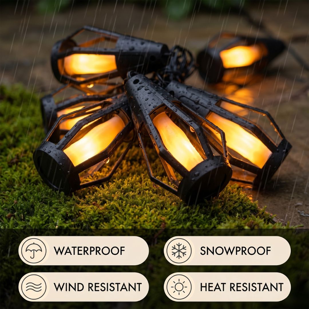 Solar Powered LED String Lights with Flame Effect – 10 Lanterns, 6.4m