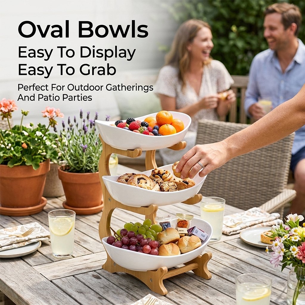 3-Tier Bamboo Fruit Bowl Stand with Oval Storage Surfaces