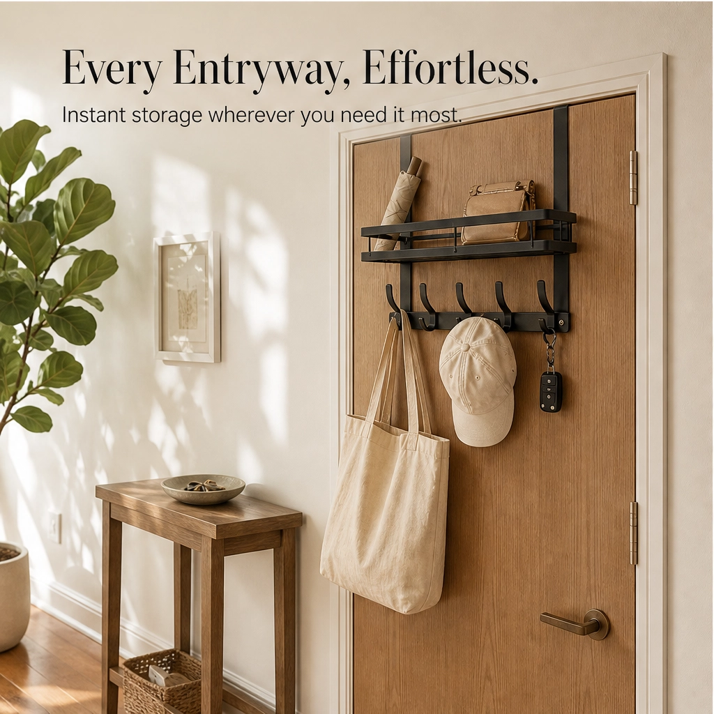Over Door Storage Rack with Hooks and Basket – No Drilling Required