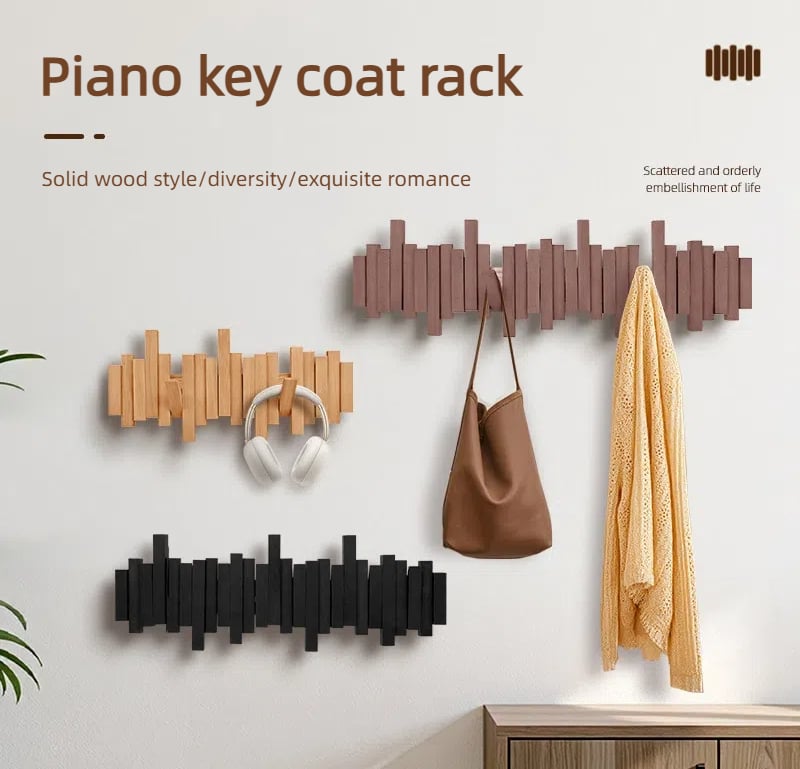 Piano Key Wall Coat Rack – Foldable Solid Wood Hooks with Magnetic Design