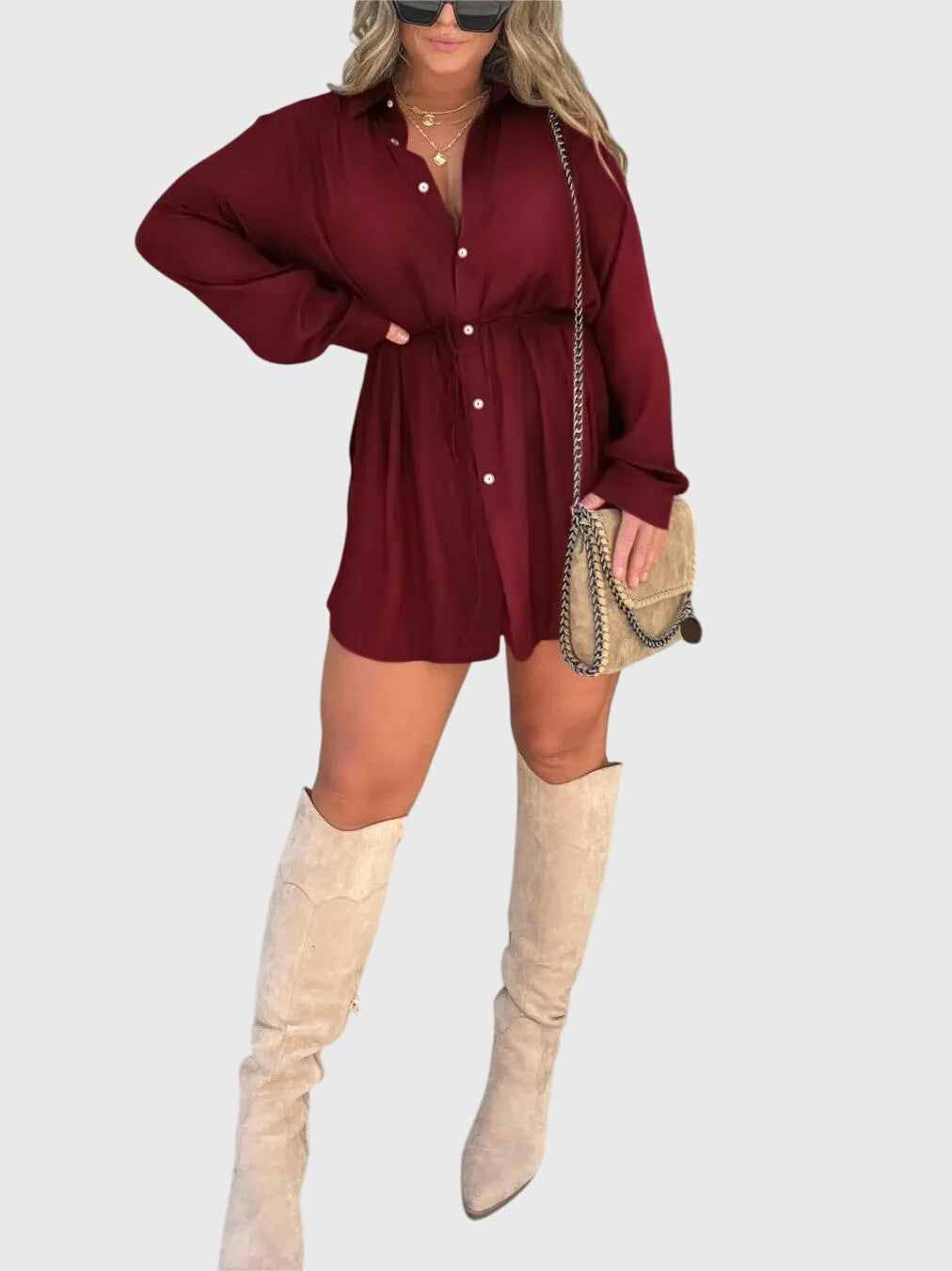 Women’s Button Front Long Sleeve Shirt Dress