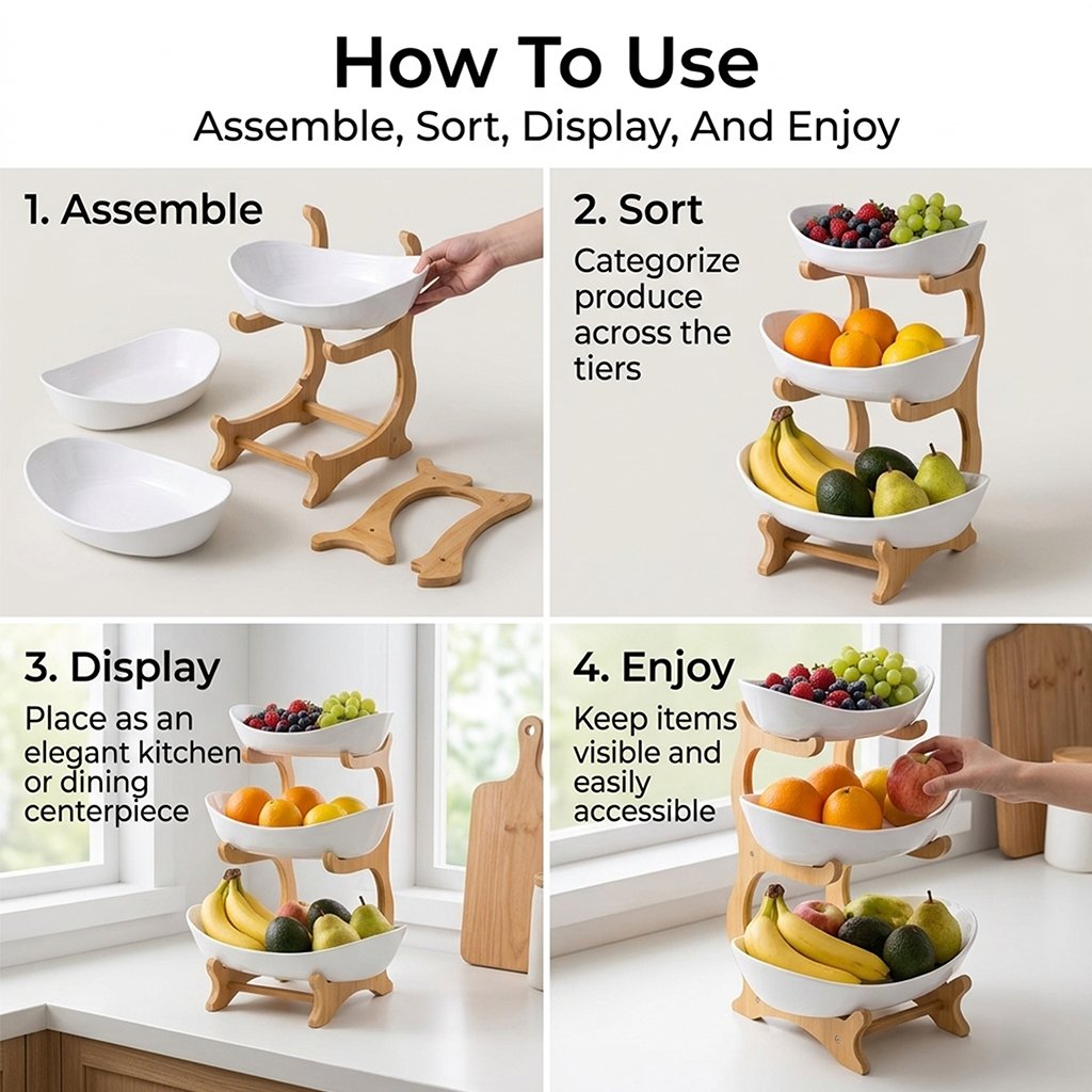 3-Tier Bamboo Fruit Bowl Stand with Oval Storage Surfaces