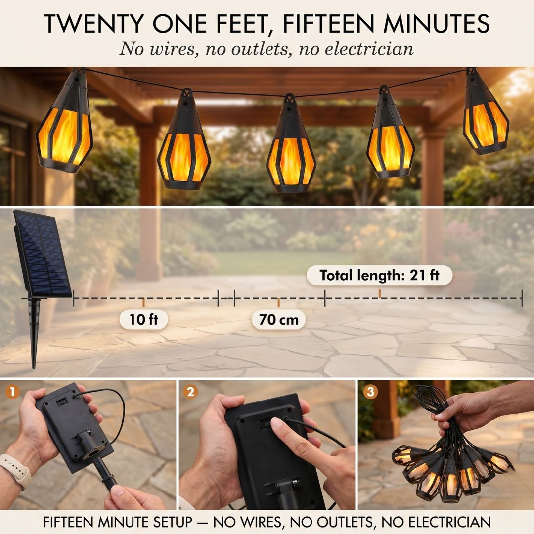 Solar Powered LED String Lights with Flame Effect – 10 Lanterns, 6.4m
