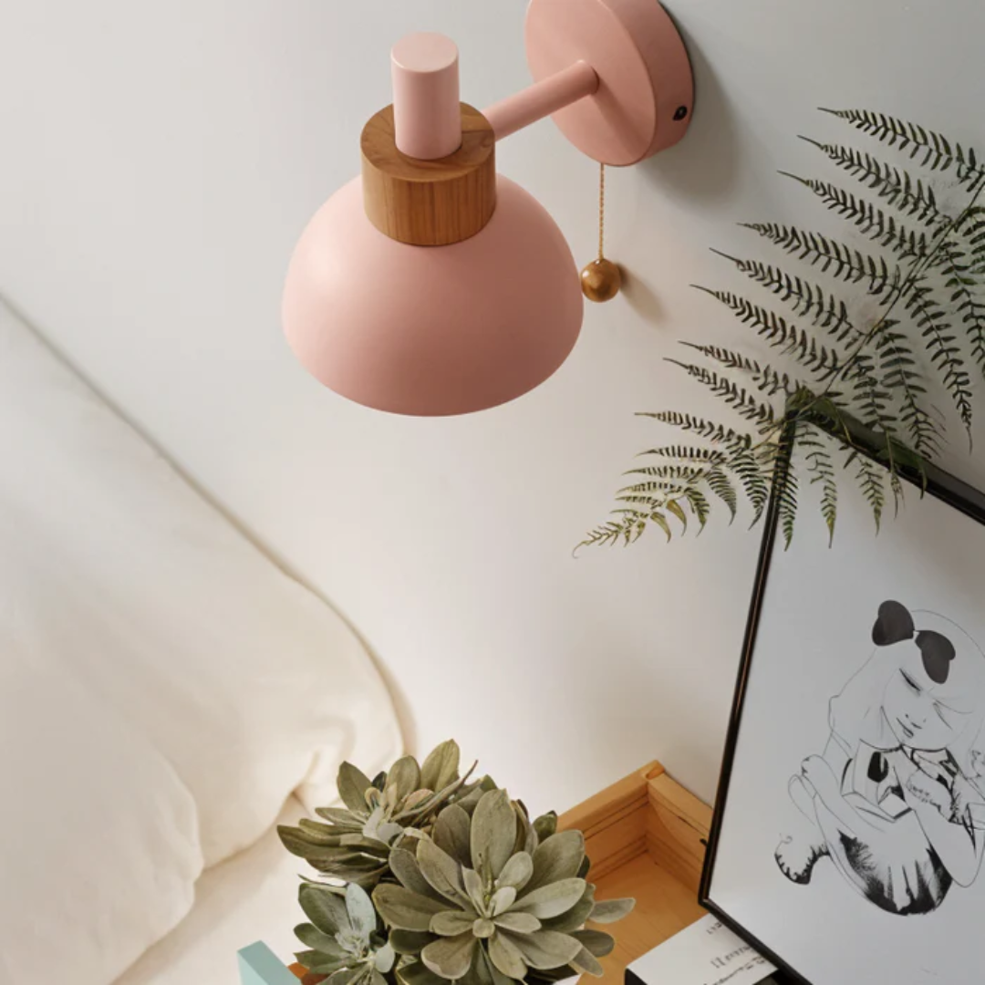LED Wall Light with Pull Switch – Wood & Iron Scandinavian Ambient Lamp
