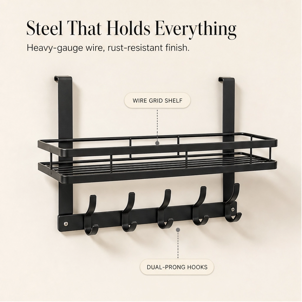 Over Door Storage Rack with Hooks and Basket – No Drilling Required