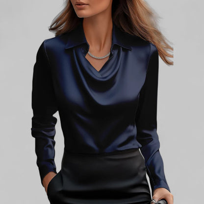 Women’s Draped Neck Long Sleeve Blouse with Satin-Like Finish