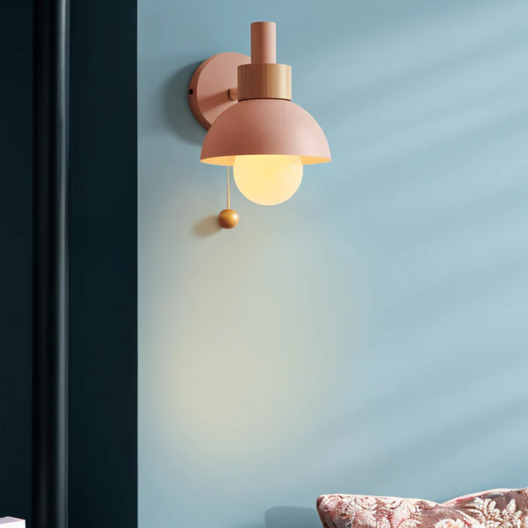 LED Wall Light with Pull Switch – Wood & Iron Scandinavian Ambient Lamp