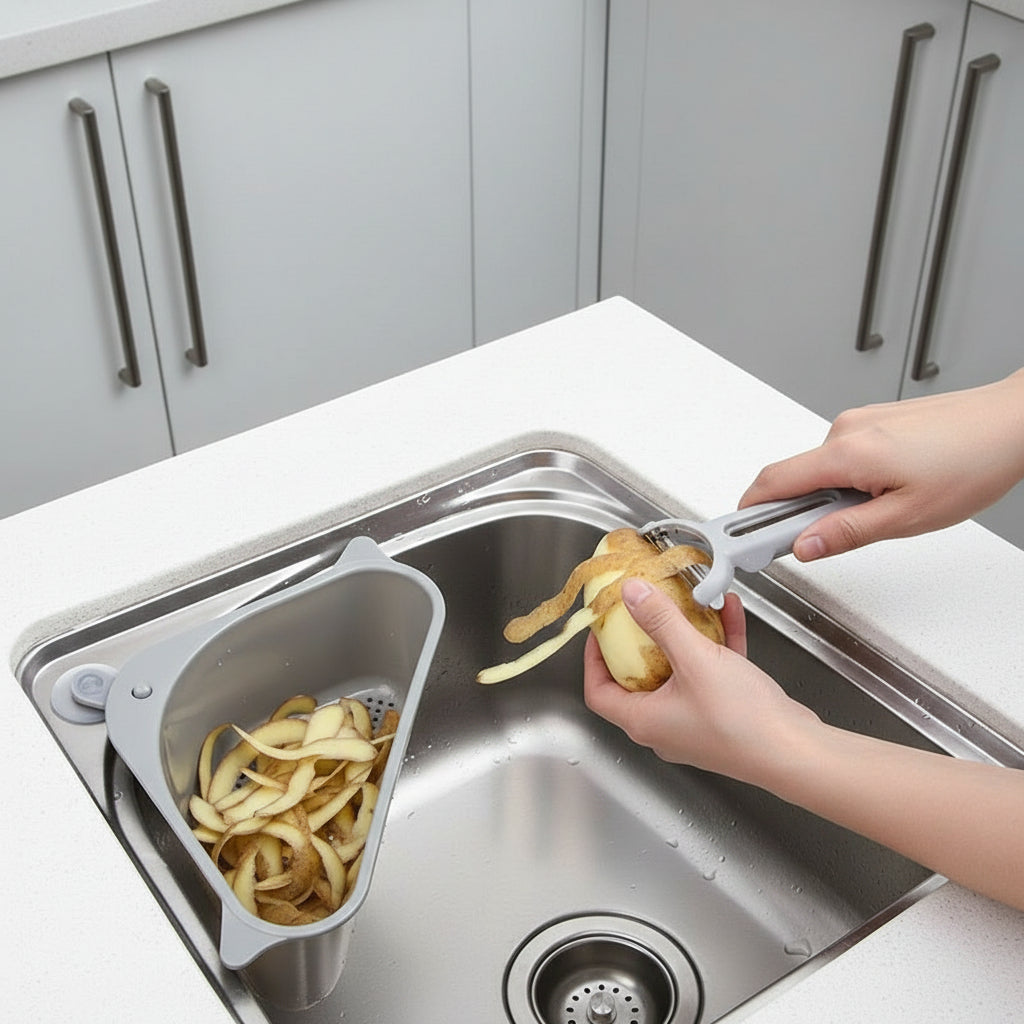 Triangular sink organizer for kitchen sink – space-saving