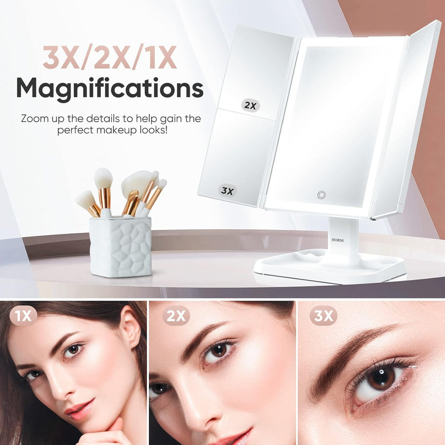Foldable LED Makeup Mirror with 3 Panels and Adjustable Brightness