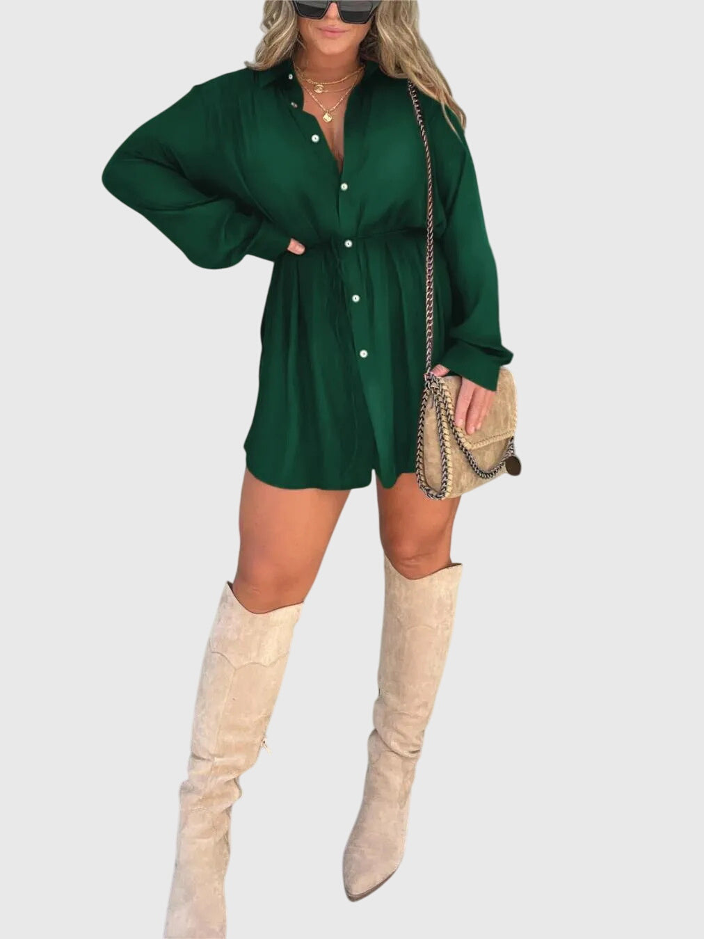 Women’s Button Front Long Sleeve Shirt Dress