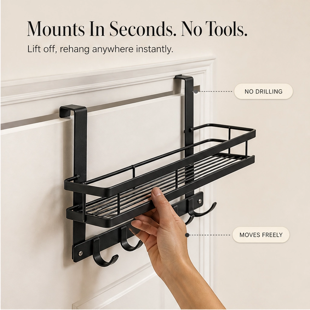 Over Door Storage Rack with Hooks and Basket – No Drilling Required