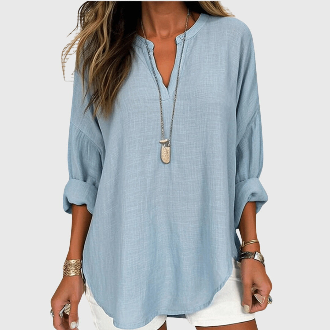 Relaxed Split-Neck Long Sleeve Top