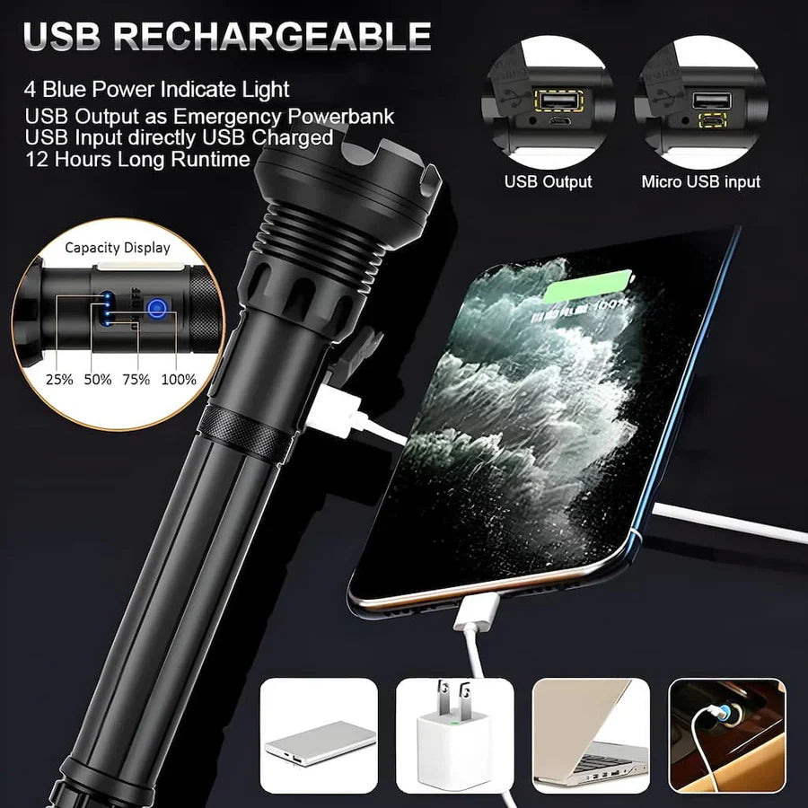 7000-Lumen Rechargeable LED Flashlight with Dual Lighting Modes