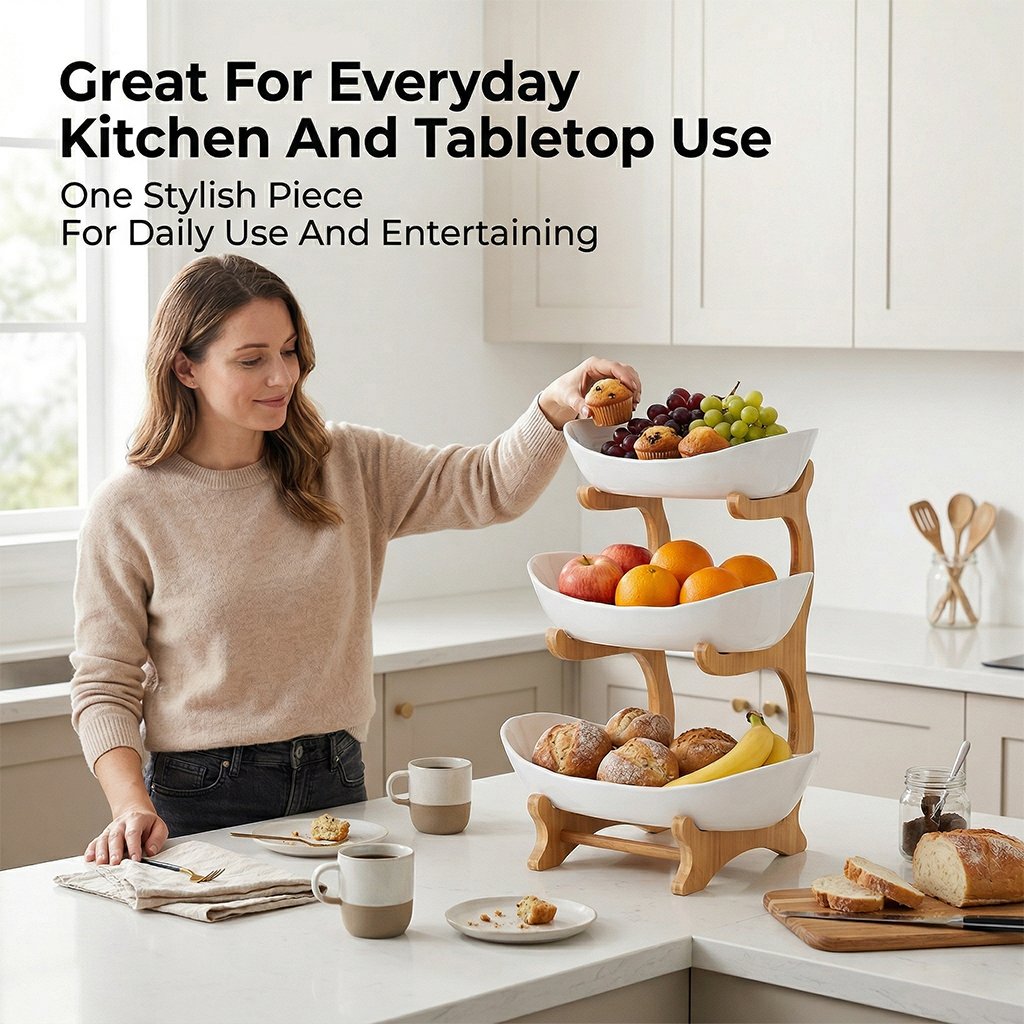 3-Tier Bamboo Fruit Bowl Stand with Oval Storage Surfaces