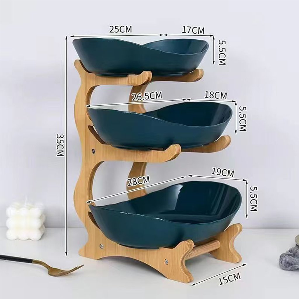 3-Tier Bamboo Fruit Bowl Stand with Oval Storage Surfaces