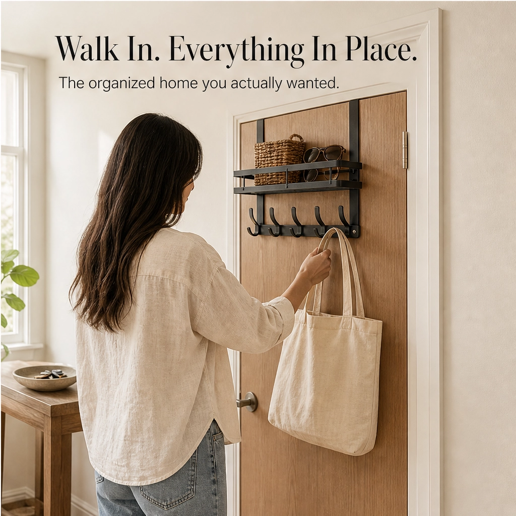 Over Door Storage Rack with Hooks and Basket – No Drilling Required