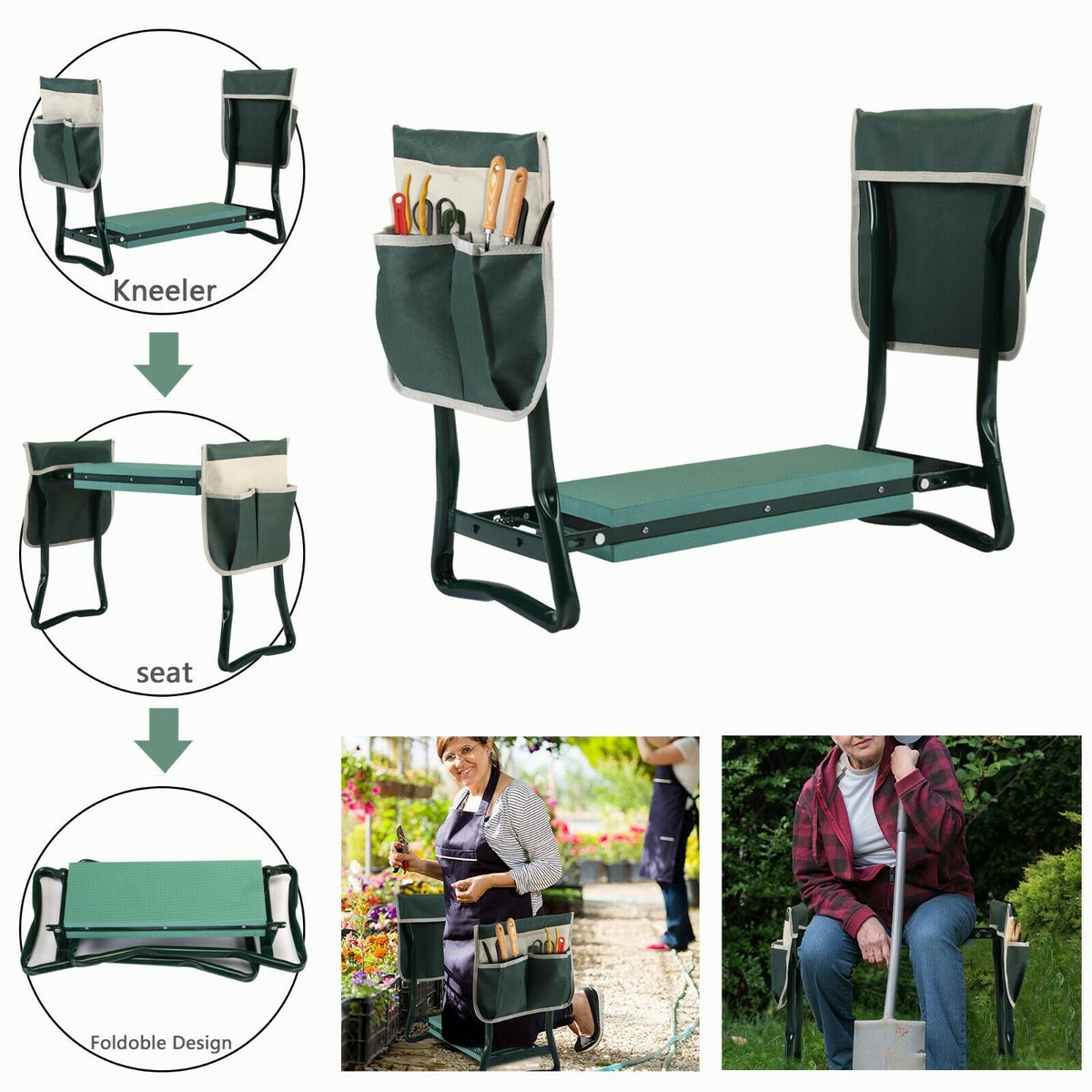 Foldable Garden Kneeler and Bench with Side Pockets