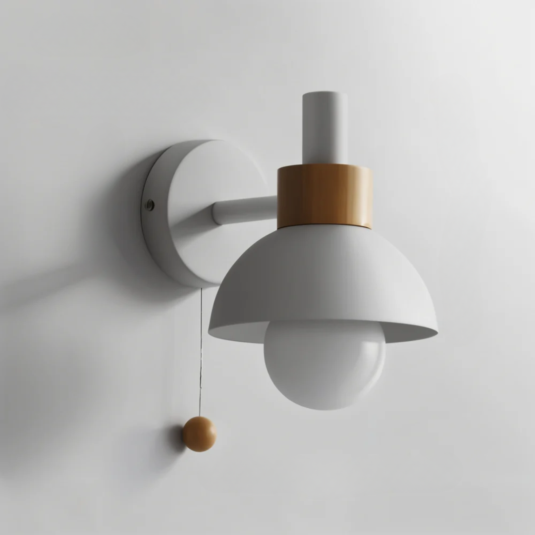 LED Wall Light with Pull Switch – Wood & Iron Scandinavian Ambient Lamp