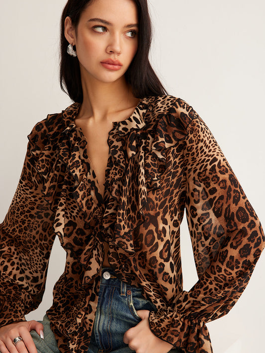 Dakota | Women’s Summer Leopard Ruffle Neck Blouse
