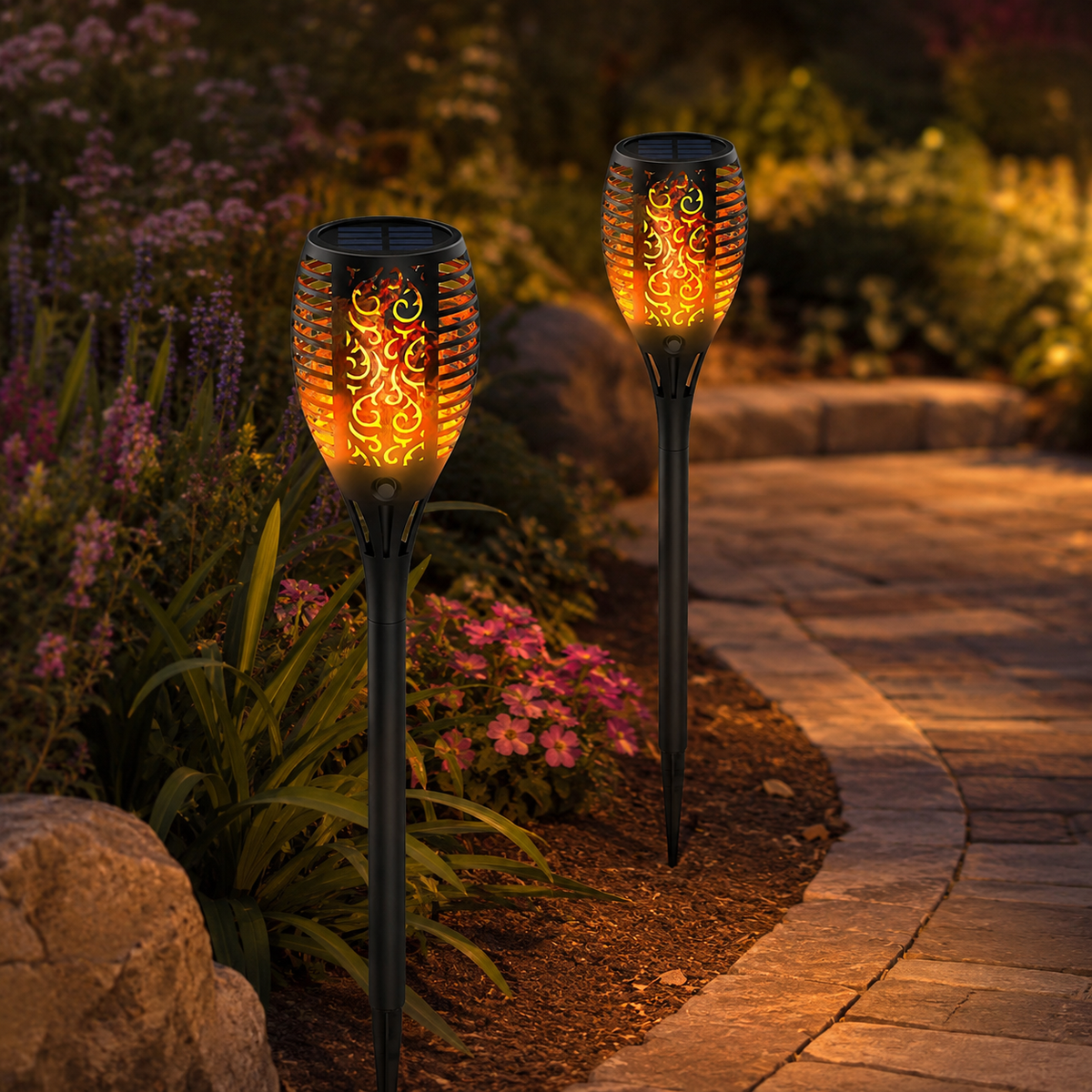 Solar Torch Garden Lights with Warm Flickering Flame Effect