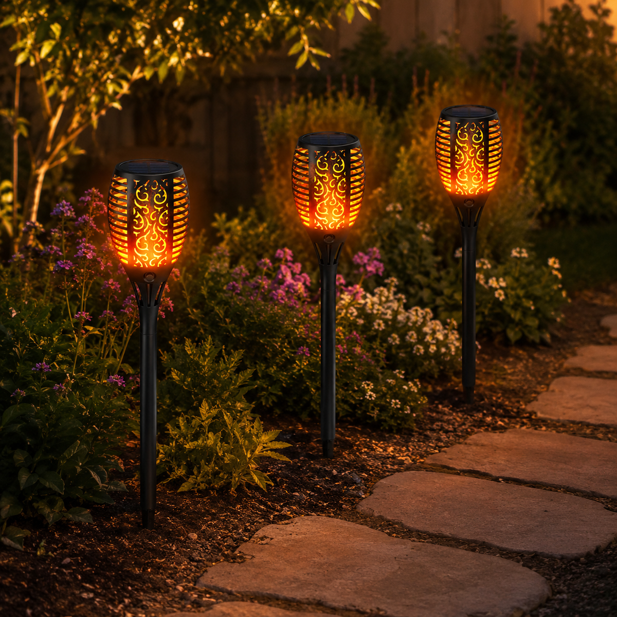 Solar Torch Garden Lights with Warm Flickering Flame Effect