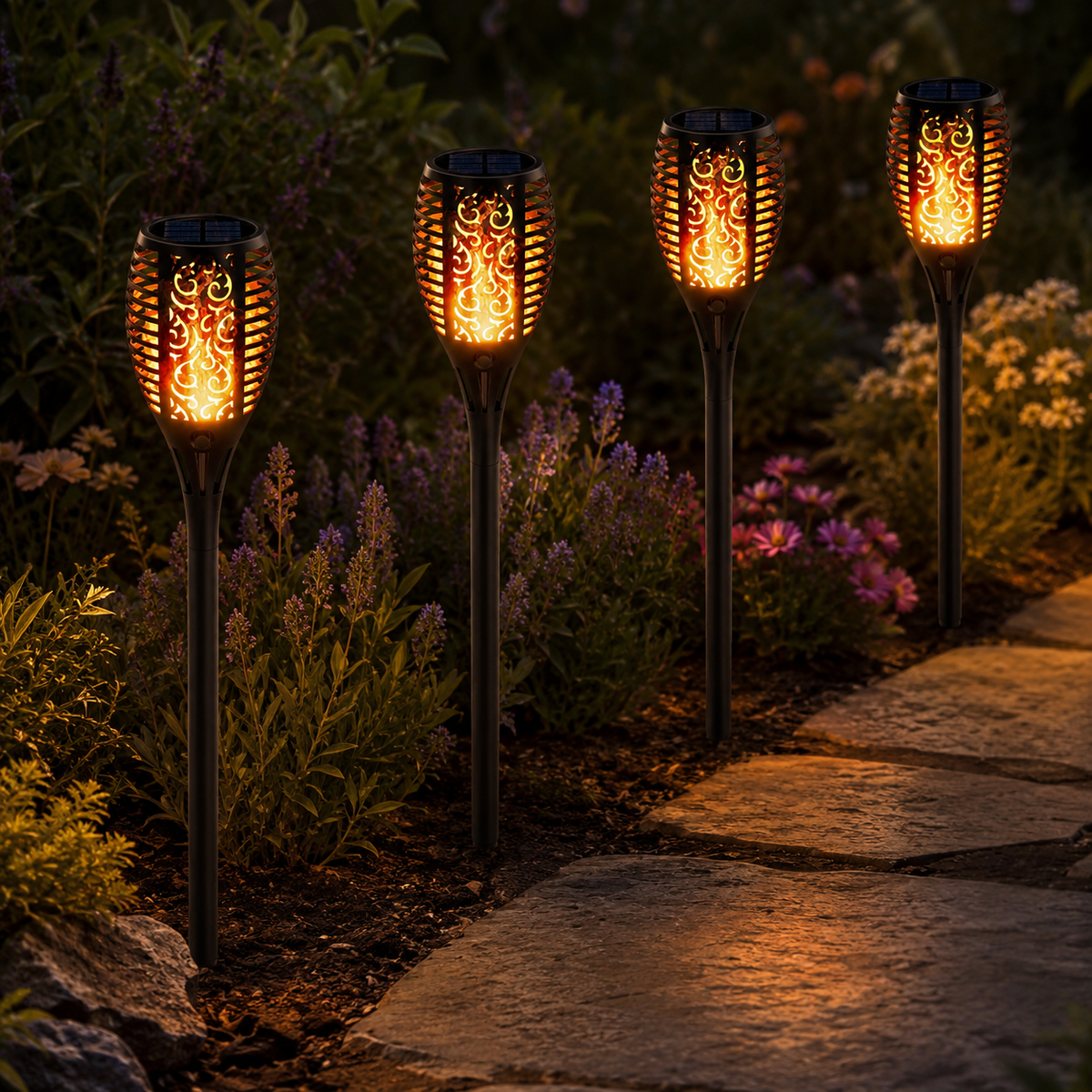 Solar Torch Garden Lights with Warm Flickering Flame Effect