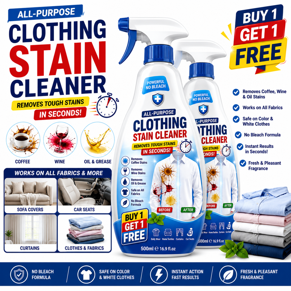 Fabric Stain Remover Spray – Bleach-Free Textile Cleaner for All Fabrics