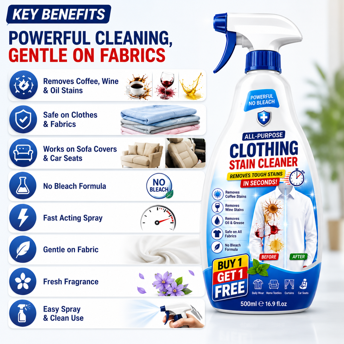 Fabric Stain Remover Spray – Bleach-Free Textile Cleaner for All Fabrics