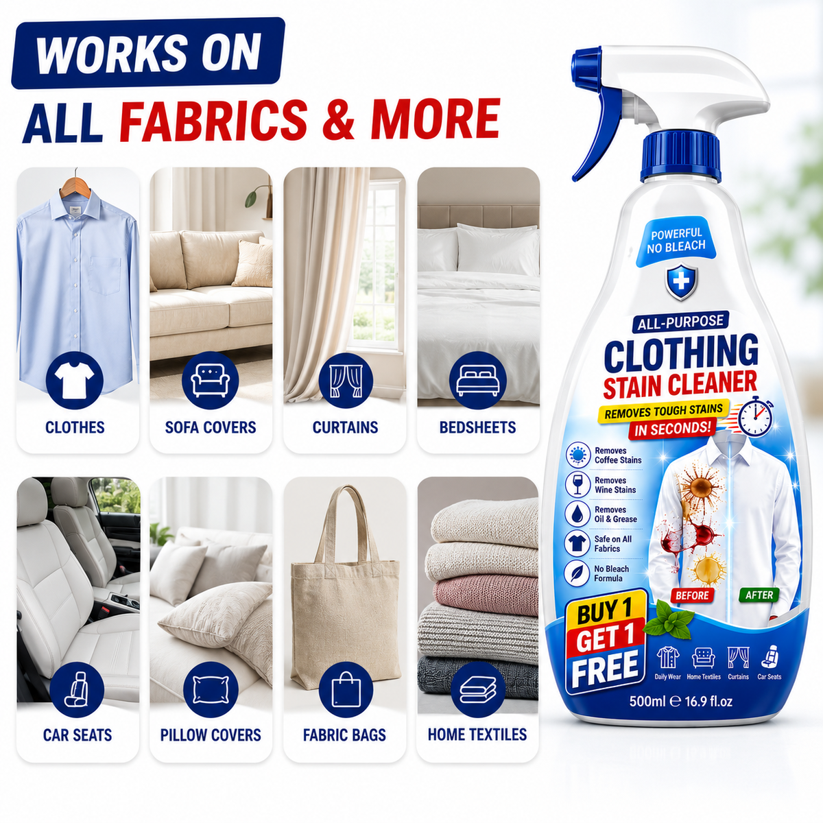 Fabric Stain Remover Spray – Bleach-Free Textile Cleaner for All Fabrics
