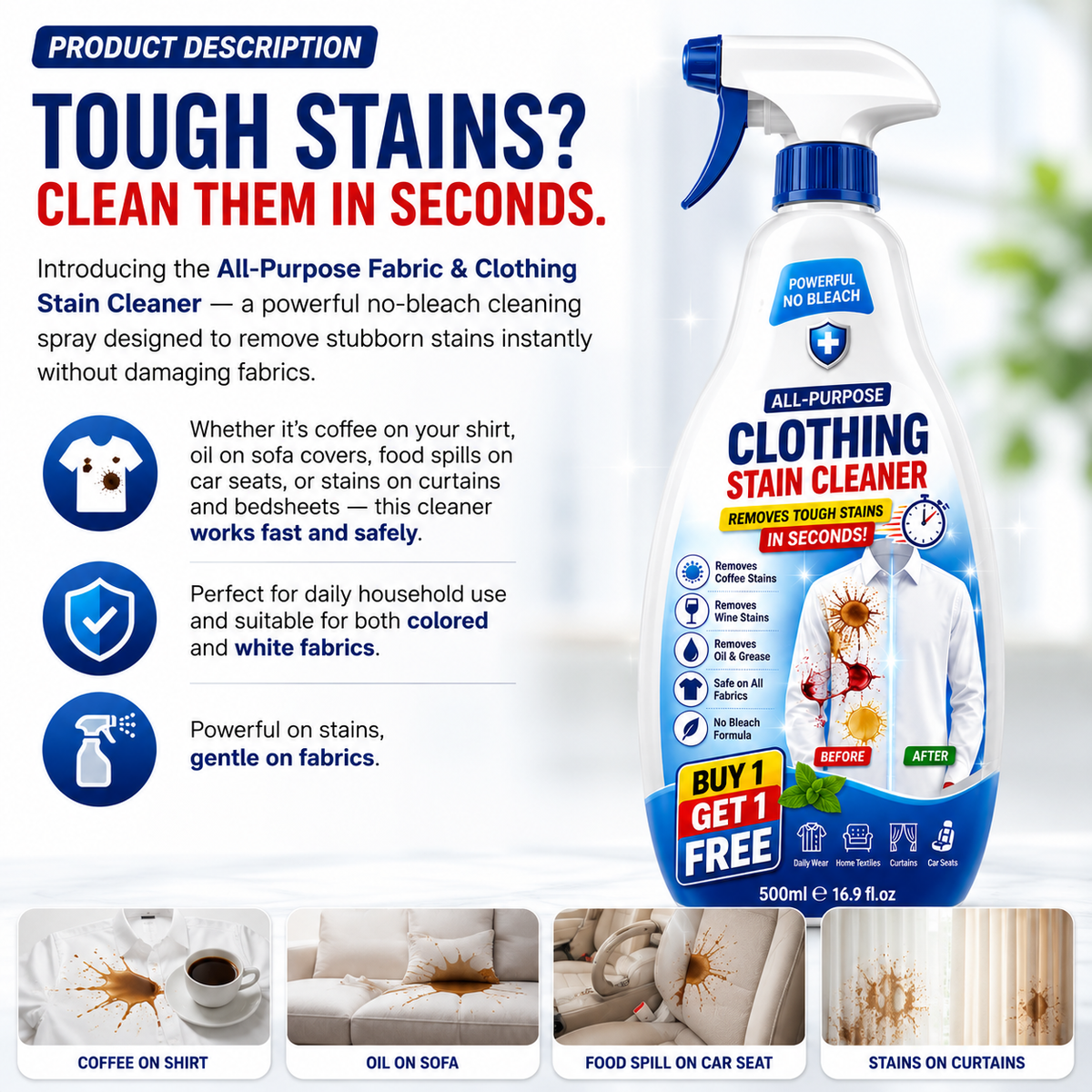 Fabric Stain Remover Spray – Bleach-Free Textile Cleaner for All Fabrics