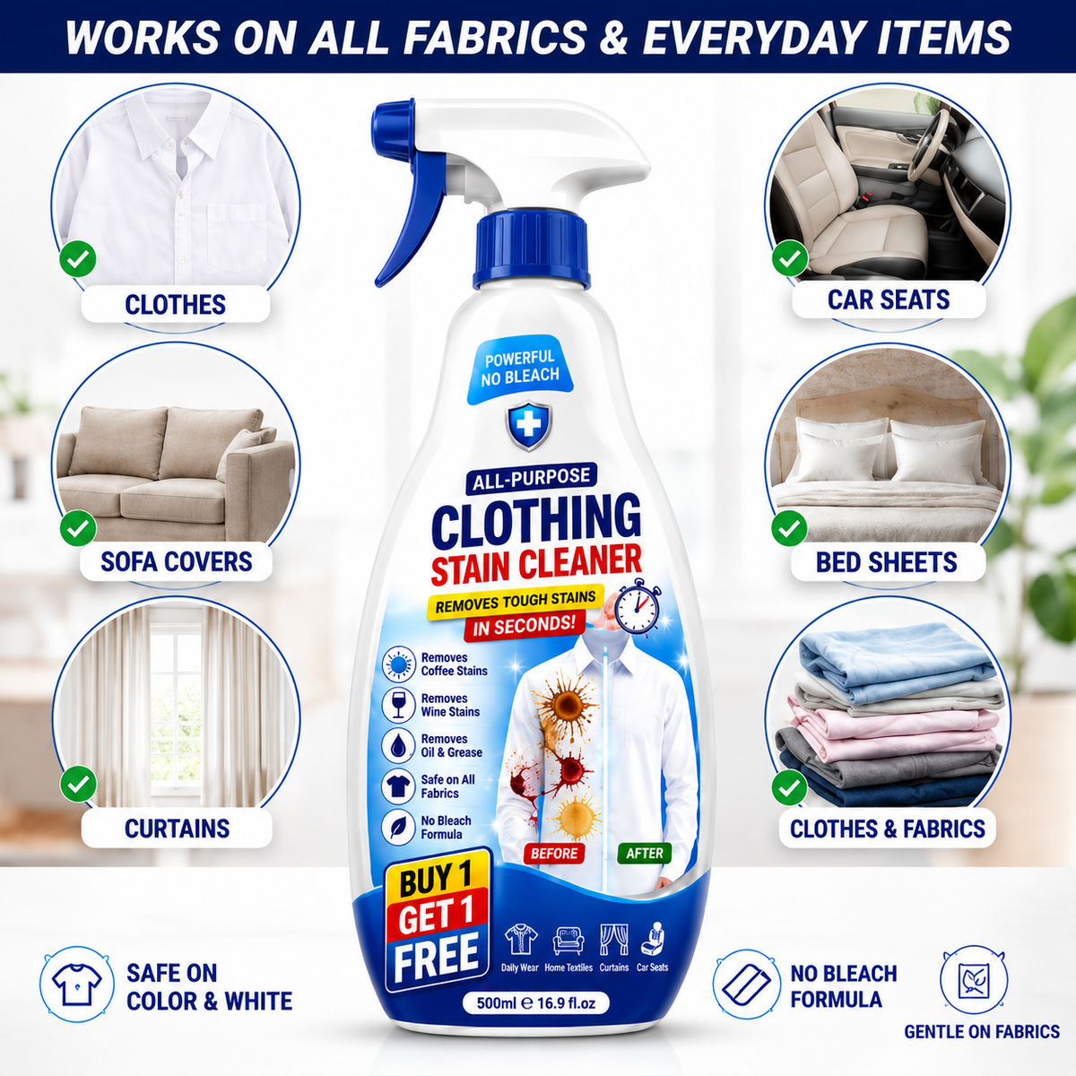 Fabric Stain Remover Spray – Bleach-Free Textile Cleaner for All Fabrics