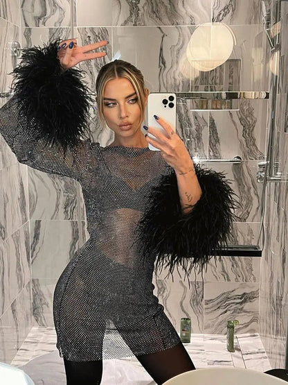 Women’s Mini Dress with Sheer Cuffs and Feathers