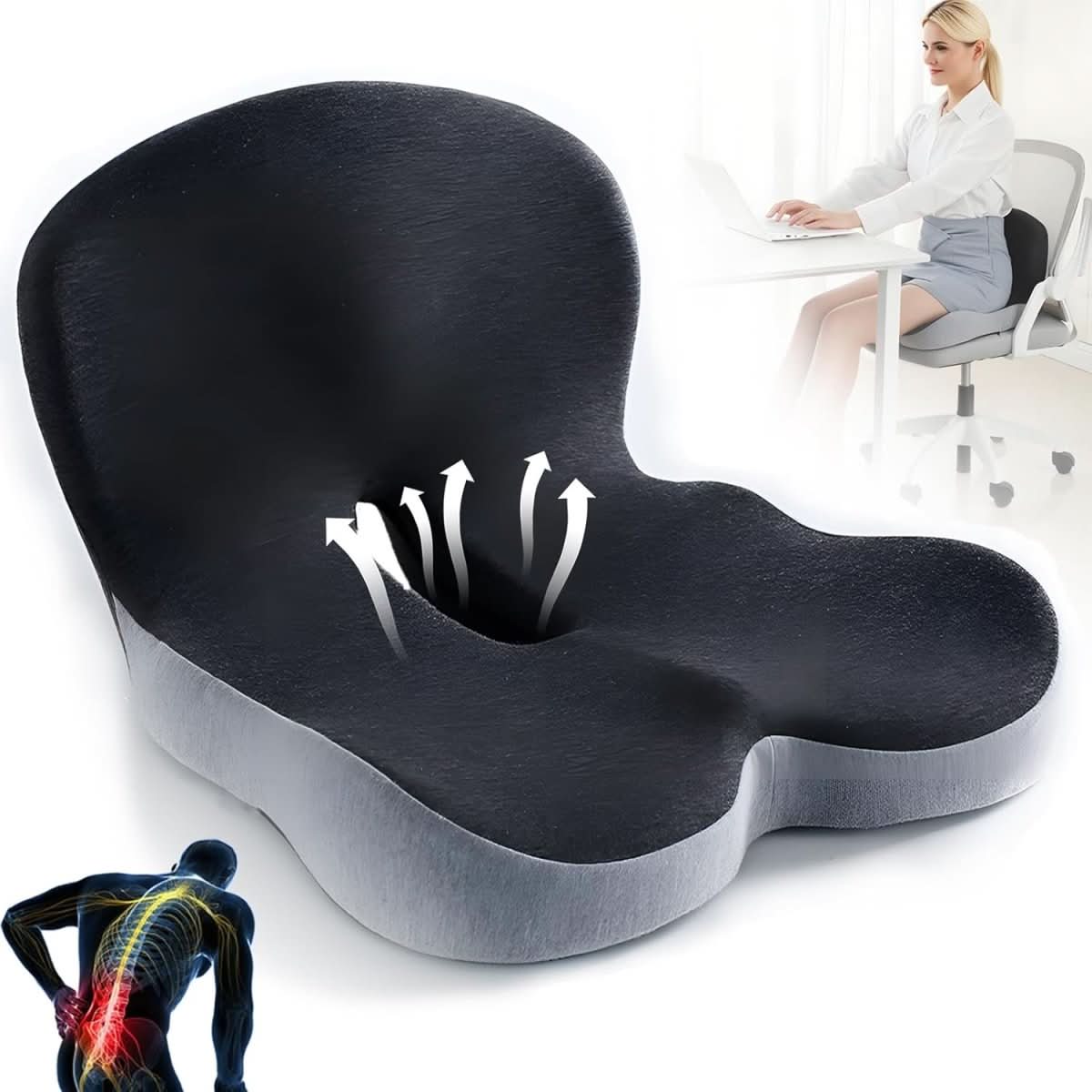 Memory Foam Seat Cushion with Non-Slip Base for Office & Car