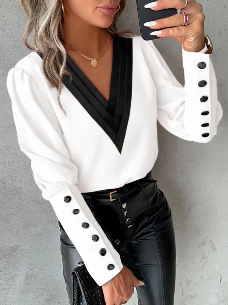 Casual V-Neck Blouse with Modern Flair for Women