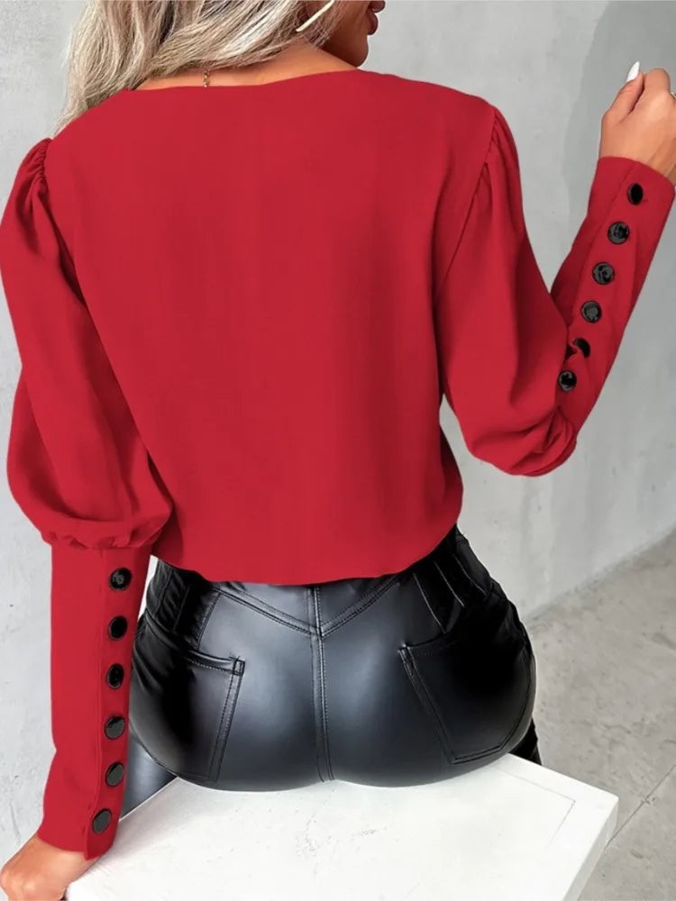 Casual V-Neck Blouse with Modern Flair for Women