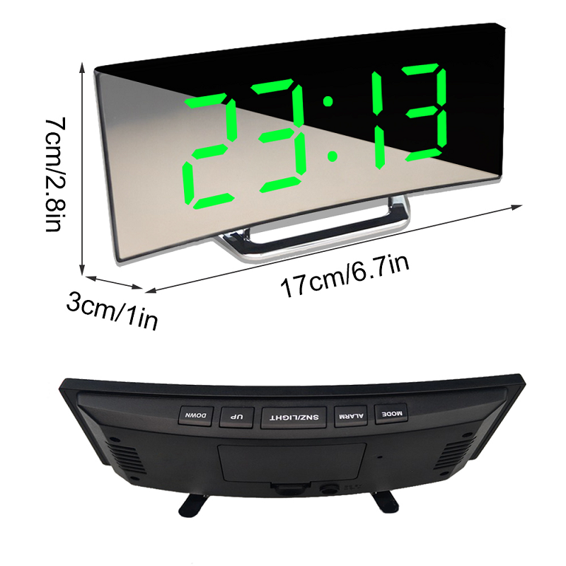 Digital Alarm Clock with Curved LED Mirror Display & Crescendo Alarm