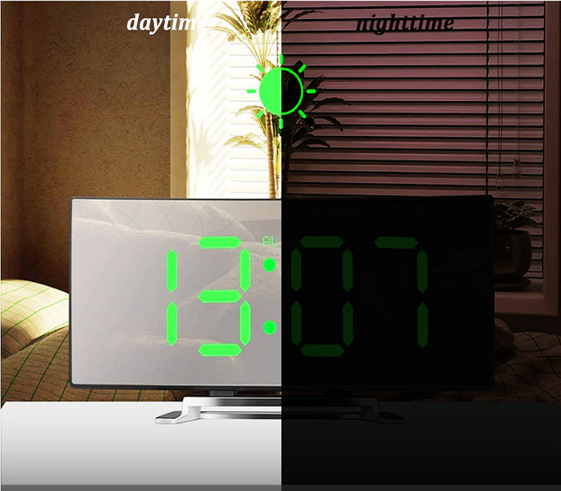 Digital Alarm Clock with Curved LED Mirror Display & Crescendo Alarm